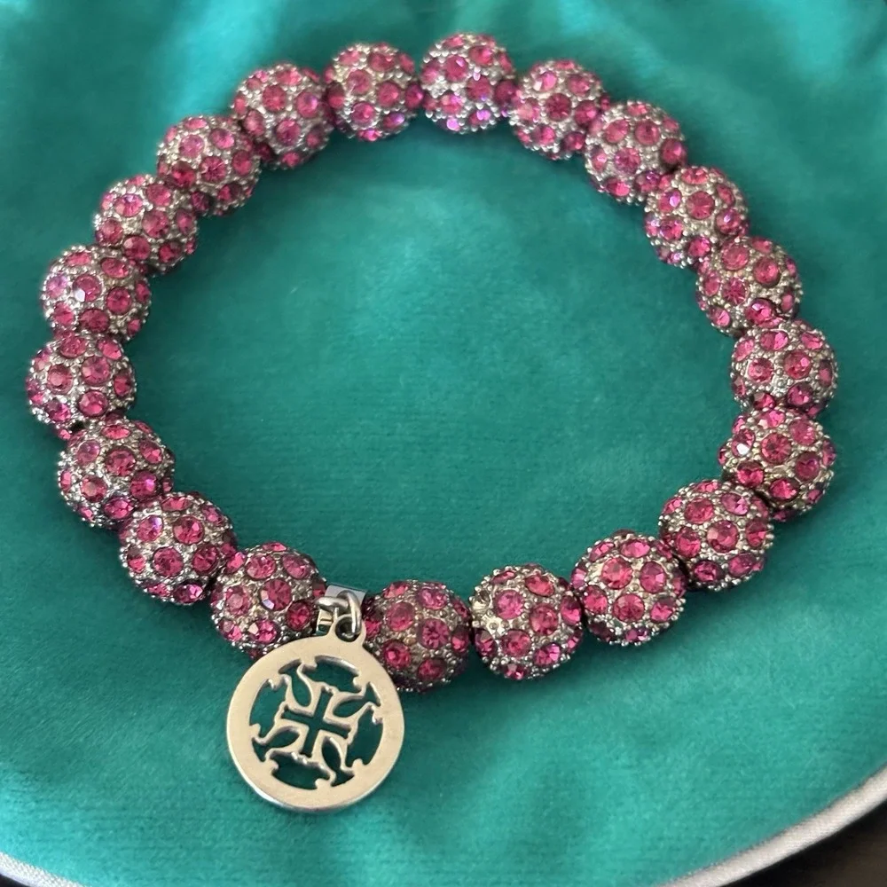 Rustic Cuff Pink Emerson Stretch‎ Bracelet Sparkly Beads Silvertone Logo Charm